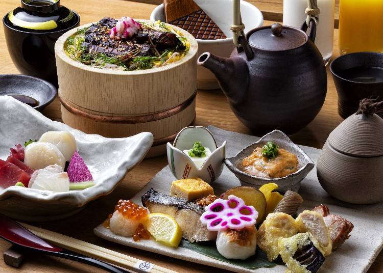 ▲朝食のイメージ。ホッケのひつまぶし（左上）と刺身（左下）、八寸（右下）などがセットになっています